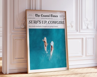 Blue Coastal Cowgirl Newspaper Print, Surf, Beach Wall art, Vintage Bar Cart, Surf's Up Western Beach Surfer Poster | Instant Download