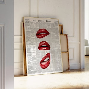 Trendy Newspaper Wall Art, Red Wall Art, Kiss Lips, Fashion Poster | Vintage Red Wall art, Bar Cart, Retro Art | Instant Download
