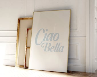 Ciao Bella-print, Italiaanse muurkunst, minimale retro kustmuurposter, blauw citaat | Vintage barwagenkunst, Italiaanse zomer | Direct downloaden