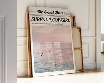 Coastal Cowgirl Wall Art, Newspaper Print Poster, New York News | Beachy Western Wall Art, Vintage Bar Cart, Retro Surfing, Printable