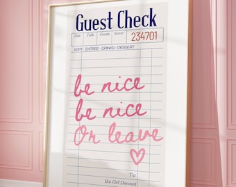 Guest Check Print Trendy Wall Art Guest Check Poster Retro Wall Art Pink Decor Bar Cart Art Trendy Printable Preppy Art | Instant Download