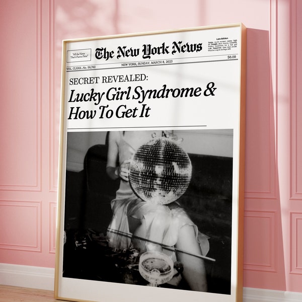 Lucky Girl Syndrome Newspaper Print, Magazine Poster Trendy Disco Wall Art, New York News | Y2k Vintage Cover Dorm Art | Instant Download