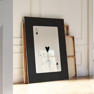 Impressão retrô em preto e branco, Ás de copas moderno | Tenho muita sorte | Decoração de parede para dormitório | Minimalista | Cartas de baralho | Download instantâneo
