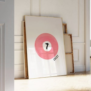 Vintage Pool Ball Print, Rosa Lucky 7 Ball Wandkunst, Retro Handgezeichnetes Rosa 8 Ball Poster, Trendige Digitale Kunst Drucke | Sofort Download
