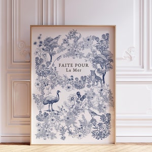 Arte mural azul costero de Delft, decoración de apartamento vintage, impresión de pared francesa, arte mural playero de verano azul, impresión estética / descarga instantánea
