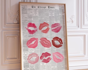 Arte murale alla moda con giornale rosa, baci di rossetto, arte murale rosa e rossa, labbra baciate, poster di moda alla moda / Arte murale vintage / Download immediato