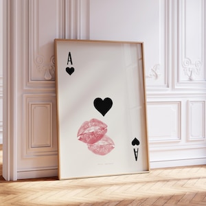 Playing Card Wall art, Aces of Hearts Print, Trendy Retro Kiss Lips, Femme Fatale Print | Apartment aesthetic | Instant Download