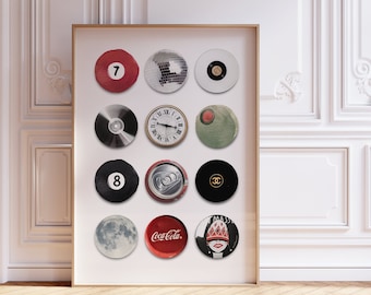 Vintage Retro Print, Trendy Circles Wall Art, 8 Ball Poster, Lucky 7 Ball Print, Funky Aesthetic Print for Apartment | Instant Download