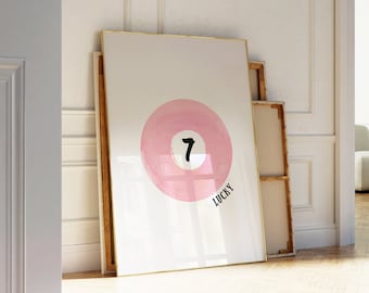 Impressão vintage de bola de bilhar rosa, arte de parede Lucky 7, pôster retrô desenhado à mão com bola 8 rosa, impressões de arte digital modernas | Download instantâneo