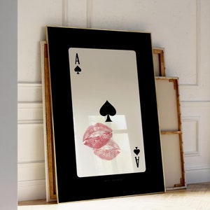 Impressão de arte de parede da moda, arte de parede de carta de baralho preta, ás de espadas, impressão de lábios de beijo retrô da moda | Estética de apartamento | Download instantâneo