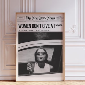 トレンディな新聞ポスター、レトロな壁アート、女性は気にしない、ニューヨークニュース | 雑誌の見出しポスター、バーカート | 即時ダウンロード