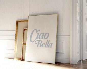 Láminas de Ciao Bella, arte mural italiano, póster costero retro minimalista, cita azul, arte vintage de carrito de bar, verano italiano, descarga instantánea