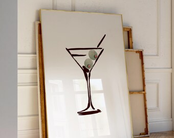 Impresión de arte mural de martini, póster de carrito de bar, póster de cóctel retro, arte mural moderno y moderno, garabatos de martini / Descarga instantánea