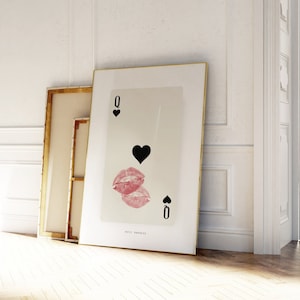 Carta da gioco retrò, poster trendy con bacio sulle labbra, stampa con asso di cuori e regina, stampa con femme fatale / estetica da appartamento / download immediato