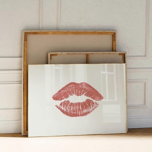Kiss Print Wall Art Print, Trendy Red Pink Aesthetic print, Lipstick Poster, Beige Minimalist art | Apartment Wall art | Instant Download
