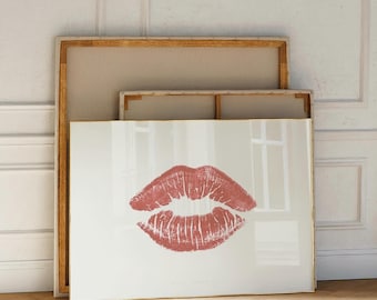 Impresión de arte de pared con estampado de besos, impresión estética moderna en rojo y rosa, póster de lápiz labial, arte minimalista beige / arte de pared de apartamento / descarga instantánea
