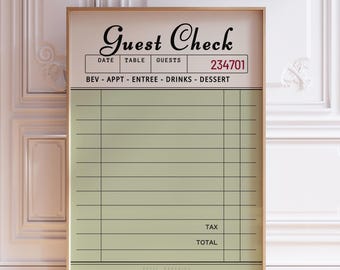 BLANK Guest Check Receipt Wall Art: Green Customizable Print | Minimal Wall Poster | Trendy Guest Check | Instant Download
