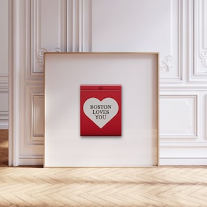 Boston Loves You, trendy retro luciferboekprint, rode muurkunst | Vintage luciferdoosje muurkunst, appartement esthetiek | Digitale download