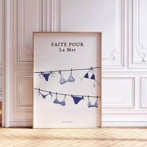 Lámina de pared vintage costera, póster de bikini de moda, arte mural de verano italiano, estética de apartamento francés, día de colada / Descarga instantánea
