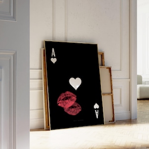 Impressão de arte de parede moderna, pôster de cartas de baralho, Ás de copas, impressões de arte de parede retrô em preto e vermelho | Estética de apartamento | Download instantâneo