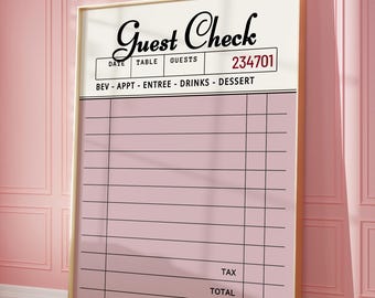 Arte de pared rosa con cheque de invitado en blanco imprimible: póster de pared minimalista personalizable para invitados / cheque de invitado / arte femenino de moda retro / descarga instantánea
