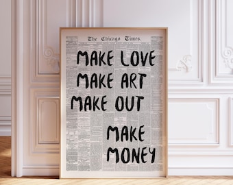 Trendy Retro Wall Art Newspaper Print Make love Make Art Quote Print Retro Typography Apartment Aesthetic Bar Cart Decor | Digital Print