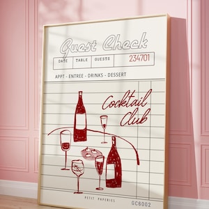 Retro drankje poster, barwagen decor, gastencheque print, doodle handgetekende muurprint, cocktailliefhebbers cadeau, rode muurkunst | Direct downloaden