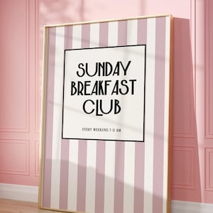 Trendy Kitchen Decor Sunday Breakfast Club Print Pink Stripes Wall Art for Retro Decor Pink Coffee Breakfast Poster | Digital Download