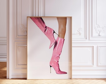 Trendy Pink Boots Wall art, Retro Femme Fatale Print, Baby Pink Boots | Fashion Icon Girly Apartment Aesthetic | Instant Download