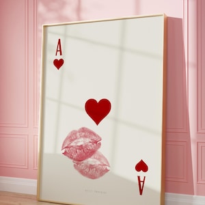 Playing Card Wall art Retro Kiss Lips Ace of Hearts Spades Print Red Wall Art Femme Fatale Print | Apartment aesthetic | Instant Download