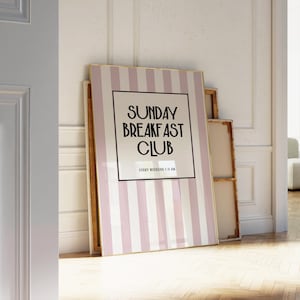 Trendy Kitchen Decor Pink Sunday Breakfast Club Print Pink Stripes Wall Art for Retro Decor Pink Coffee Breakfast Poster | Digital Download