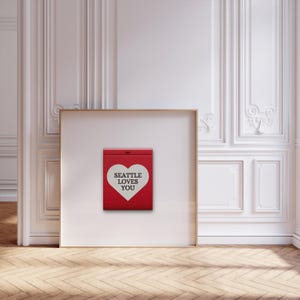 Seattle Loves You, trendy retro lucifersprint, muurkunst rood hart | Vintage luciferdoosje muurkunst, appartement esthetiek | Digitale download