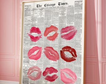 Newspaper Wall Art  Lipstick Kisses Pink Red Wall Art, Kiss Lips, Trendy Fashion Poster | Vintage Wall art | Instant Download