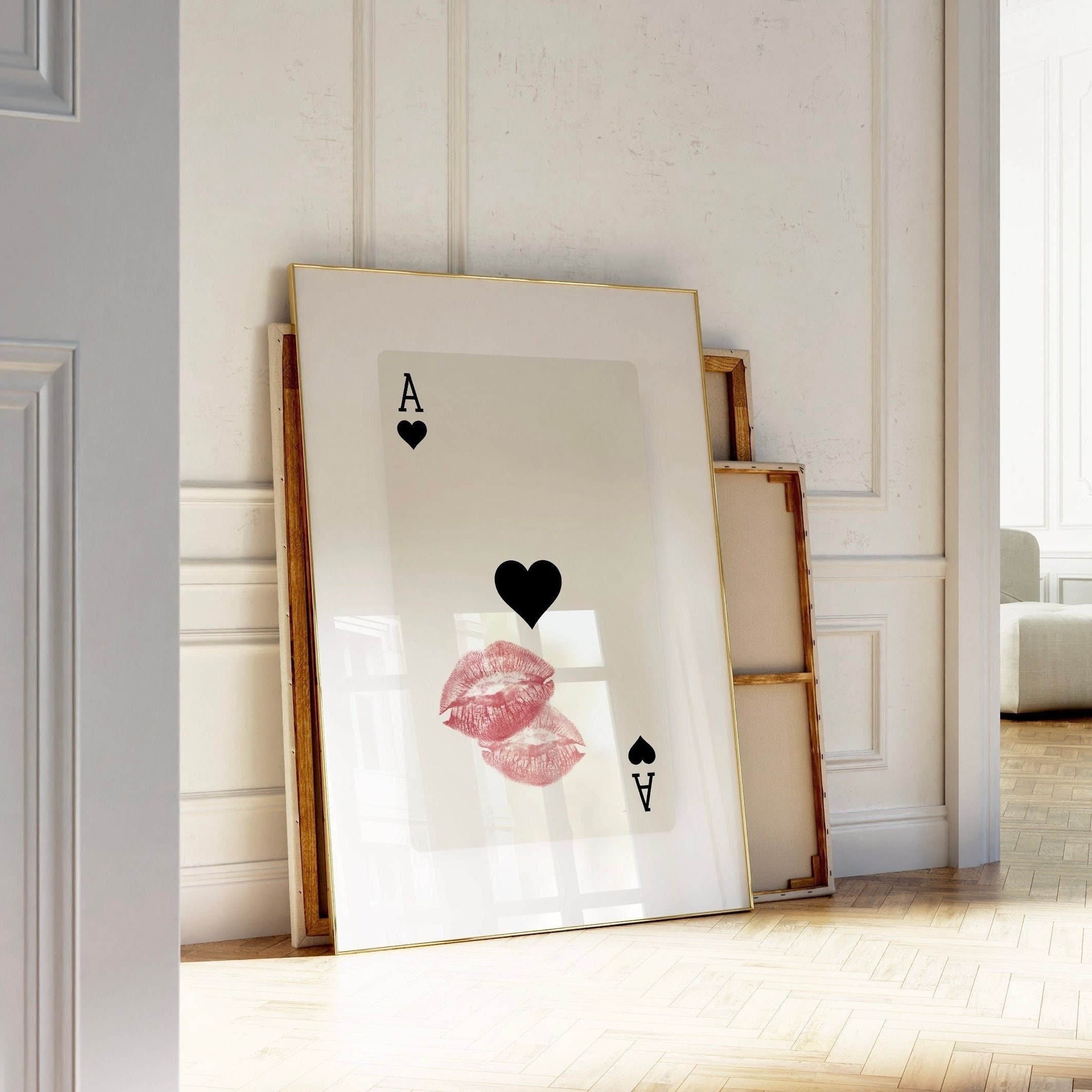 Playing Card Wall art, Trendy Wall art, Retro Kiss Lips, Ace Of Hearts Print, Femme Fatale Print | Apartment aesthetic | Instant Download