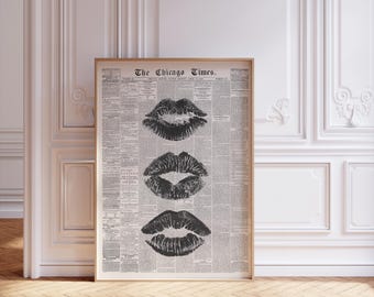 Kiss Print Newspaper Wall Art, Black and White Wall Art, Lip Prints, Trendy Poster | Retro Wall art, Bar Cart Art | Instant Download