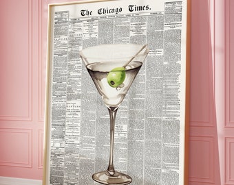Trendy Martini Print, Vintage Newspaper Print, Retro Bar Cart Decor, Aesthetic Apartment Wall Art, Funky 70's art | Instant Digital Download
