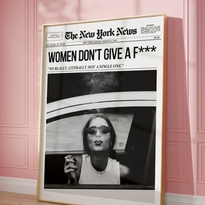 Retro krantenprint, trendy muurkunst, vrouwen geven geen f, New York News | Tijdschriftkopposter, barwagen | Direct downloaden