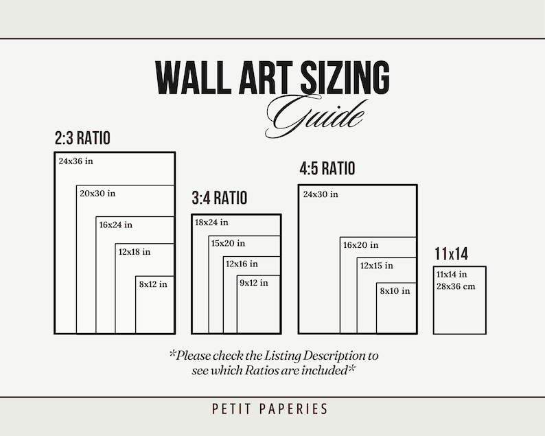 May include: A chart showing different wall art sizing ratios, including 2:3, 3:4, 4:5, and 11x14. The chart shows the dimensions of each ratio in inches, with the largest size being 24x36 inches and the smallest being 8x10 inches. The text "Please check the Listing Description to see which Ratios are included" is at the bottom of the chart.