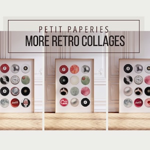 May include: Three framed collages of vintage-inspired circular designs. Each collage features a variety of images, including a clock, a Coca-Cola can, a Chanel logo, and a billiard ball. The collages are framed in white and have a white background.