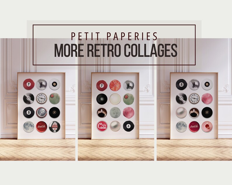 May include: Three framed collages of vintage-inspired circular designs. Each collage features a variety of images, including a clock, a Coca-Cola can, a Chanel logo, and a billiard ball. The collages are framed in white and have a white background.