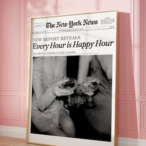 Modny nadruk w gazecie, plakat z nagłówkiem Happy Hour, Nowy Jork Każda godzina to Happy Hour, zabytkowy wózek barowy, dziewczęcy akademik retro | Natychmiastowe pobranie