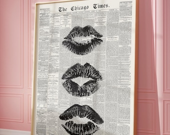 Kiss Print Newspaper Wall Art, Black and White Wall Art, Lip Prints, Trendy Poster | Retro Wall art, Bar Cart Art | Instant Download