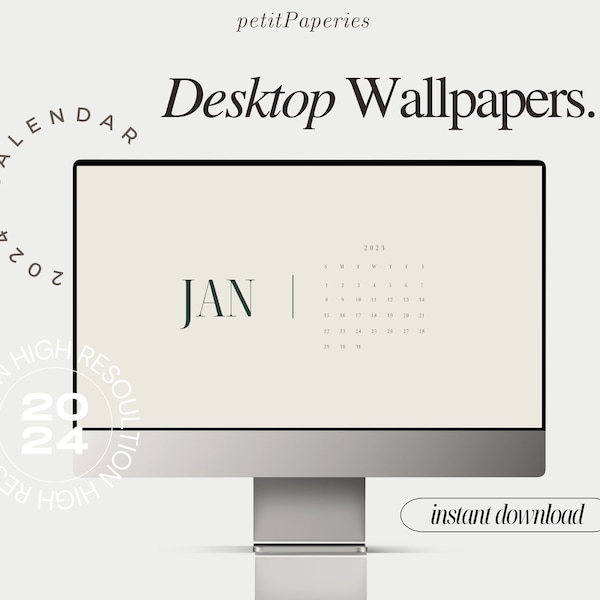 Desktop Wallpaper Kalender 2024 | Creme & Grün | Klassiker, dass Mädchen Ästhetik | Minimalist Schlichtes Design, neutral Boho | Mac und Windows