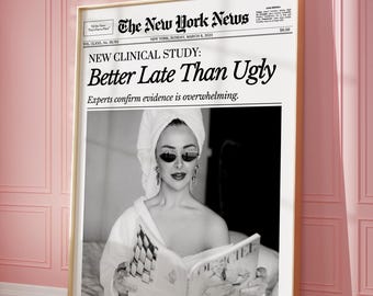 Modny druk gazety, lepiej późno niż brzydko, wiadomości z Nowego Jorku, wystrój łazienki, dziewczęcy pokój w akademiku w stylu retro, do wydrukowania | natychmiastowe pobranie