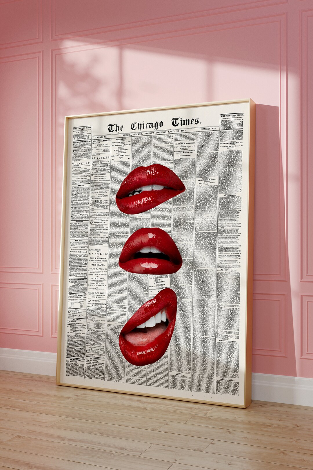Retro Newspaper Wall Art, Red Wall Art, Kiss Lips, Trendy Fashion