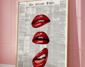 Arte murale retrò con giornale: stampa murale rossa con labbra che si baciano, poster di moda alla moda / download immediato