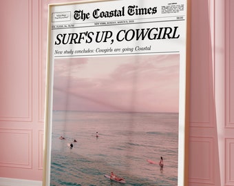 Coastal Cowgirl Wall Art Newspaper Print Wall Art, Coastal Times | Western Wall Art Vintage Bar Cart, Dorm Retro Surfing, Printable Wall Art