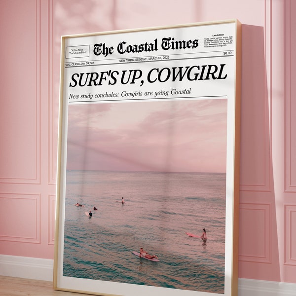 Coastal Cowgirl Wall Art Newspaper Print Wall Art, Coastal Times | Western Wall Art Vintage Bar Cart, Dorm Retro Surfing, Printable Wall Art