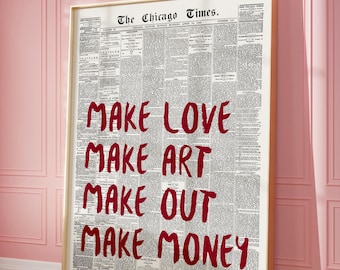 Trendy Wall Art Newspaper Make love Make Art Make Money Quote Retro Red Print Typography Apartment Aesthetic Bar Cart Decor | Digital Print