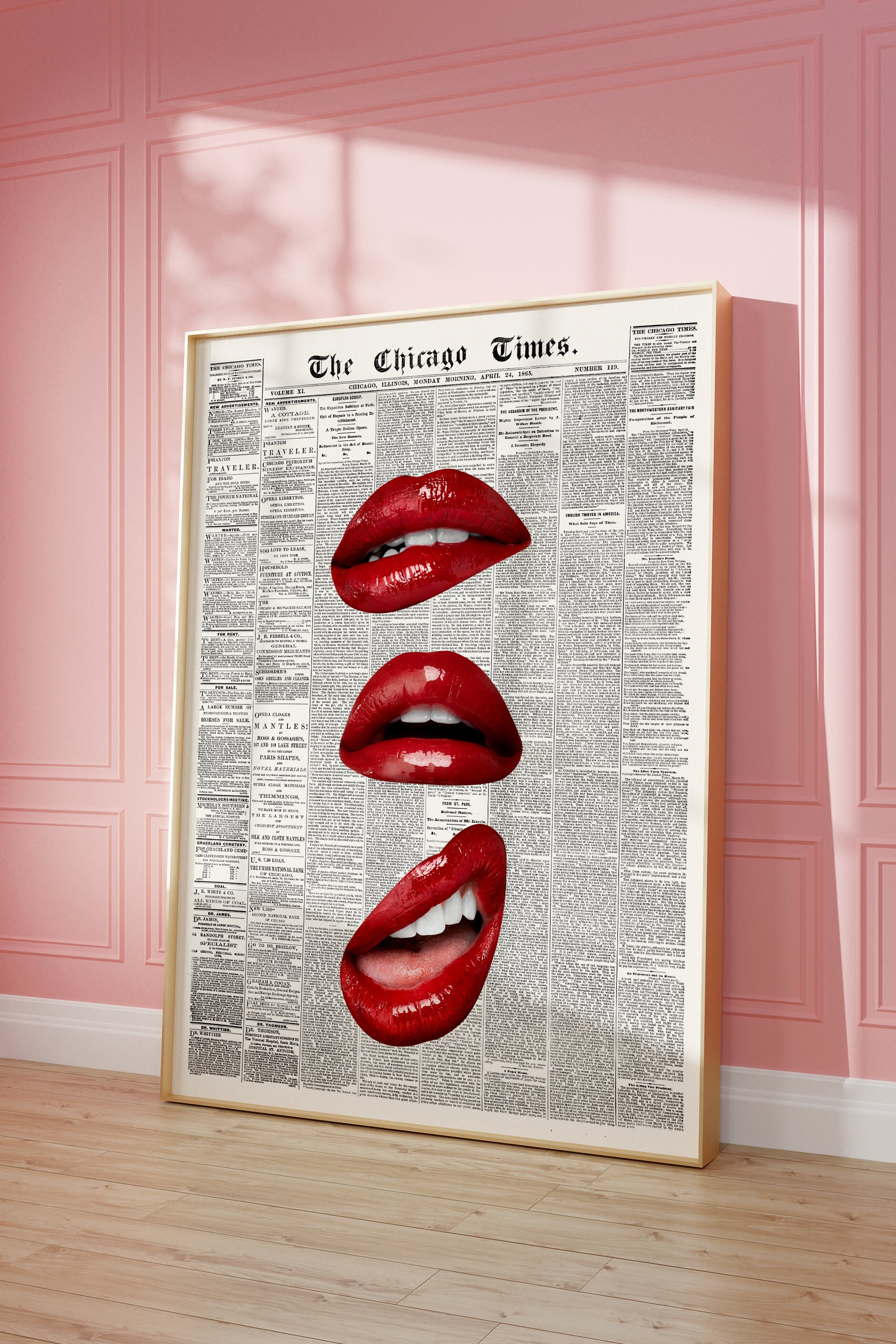 Retro Newspaper Wall Art: Red Wall Print With Kiss Lips, Trendy